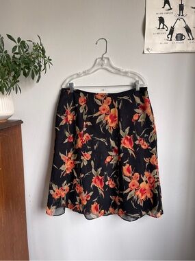 Vintage Y2K Whimsigoth Evan Picone Black A-Line Midi Skirt w/Orange & Red Floral